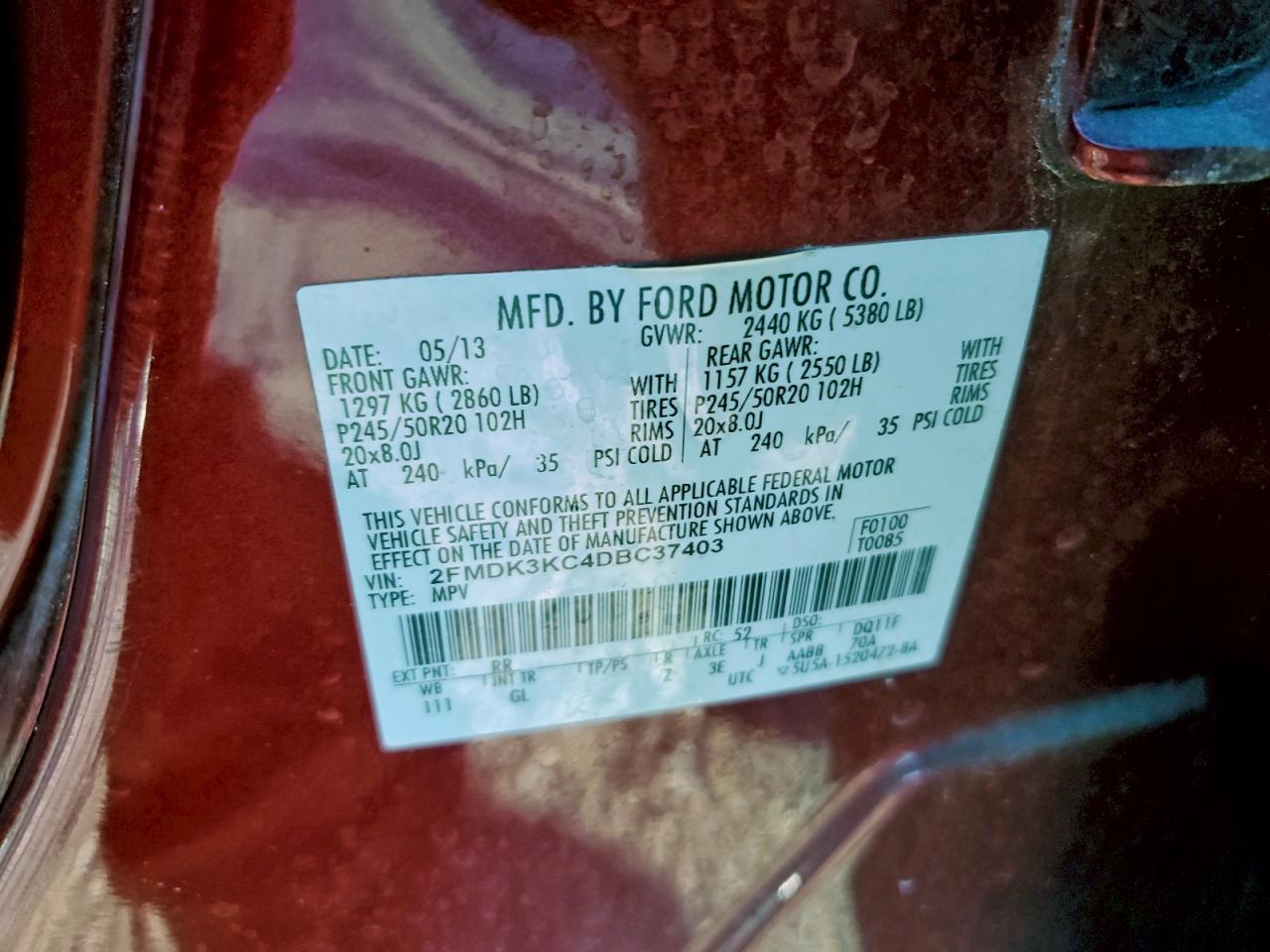 2013 Ford Edge Limited VIN: 2FMDK3KC4DBC37403 Lot: 94340585