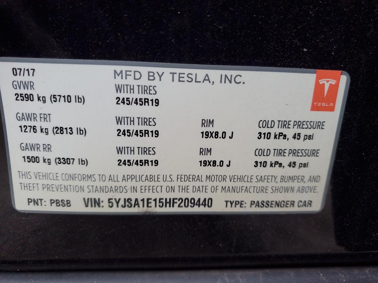 2017 Tesla Model S VIN: 5YJSA1E15HF209440 Lot: 92578865