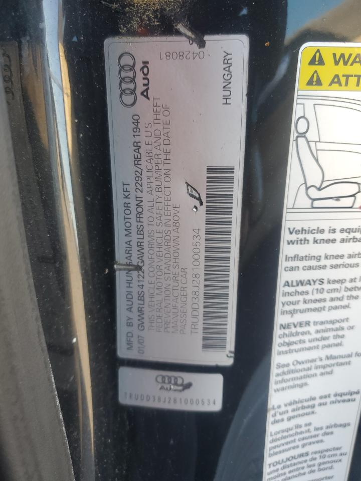 2008 Audi Tt 3.2 Quattro VIN: TRUDD38J281000534 Lot: 92917485