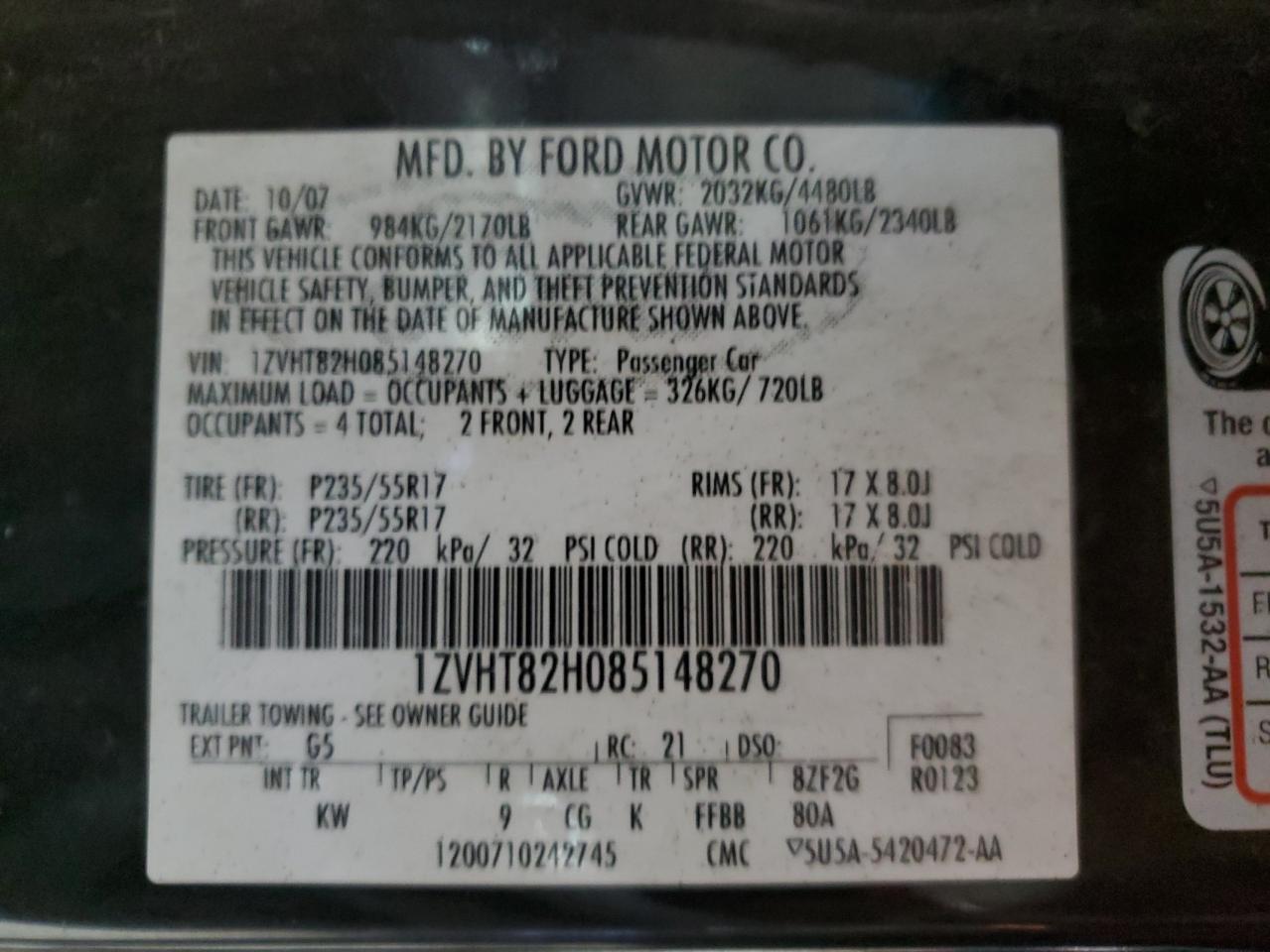 2008 Ford Mustang Gt VIN: 1ZVHT82H085148270 Lot: 92274005