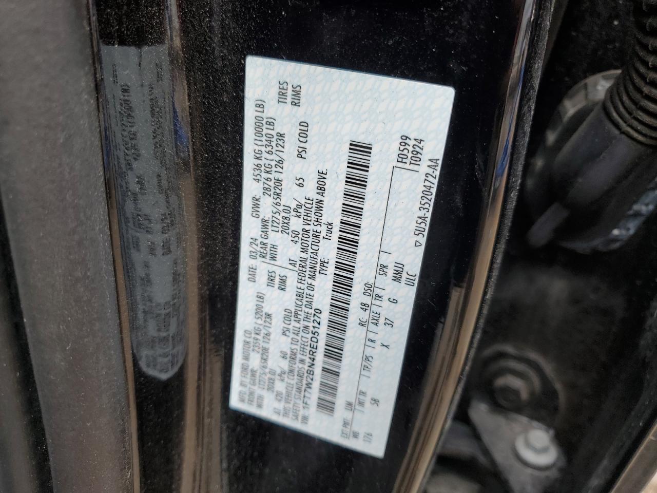 2024 Ford F250 Super Duty VIN: 1FT7W2BN4RED51270 Lot: 92377055