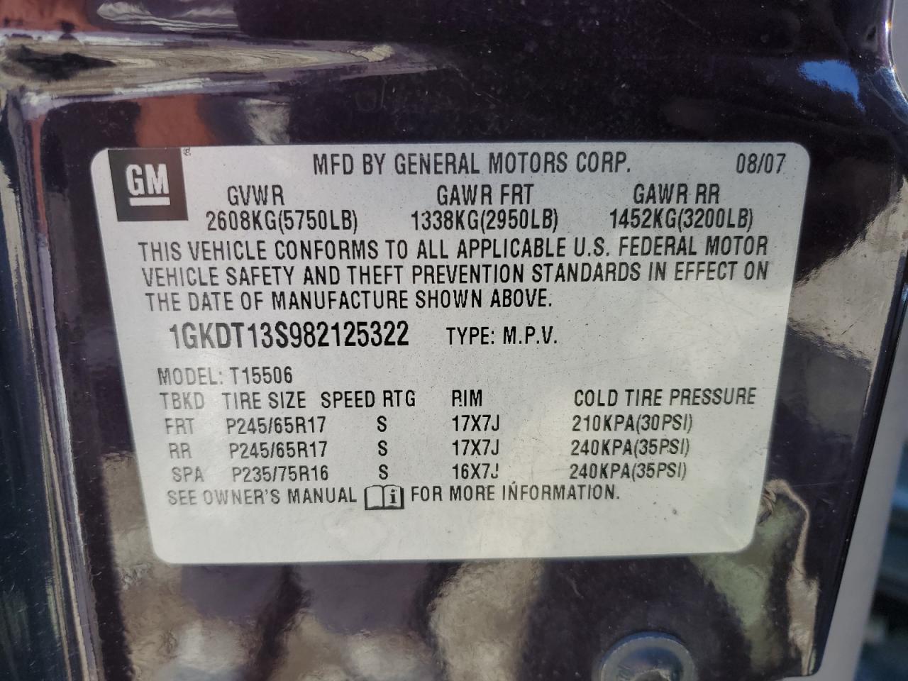 2008 GMC Envoy VIN: 1GKDT13S982125322 Lot: 91000355