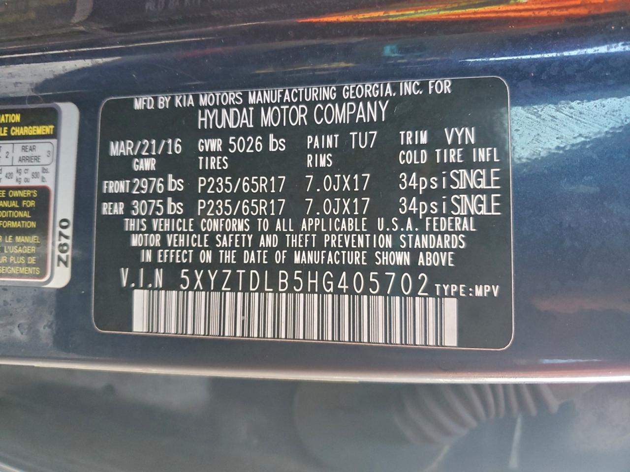 2017 Hyundai Santa Fe Sport VIN: 5XYZTDLB5HG405702 Lot: 94041185