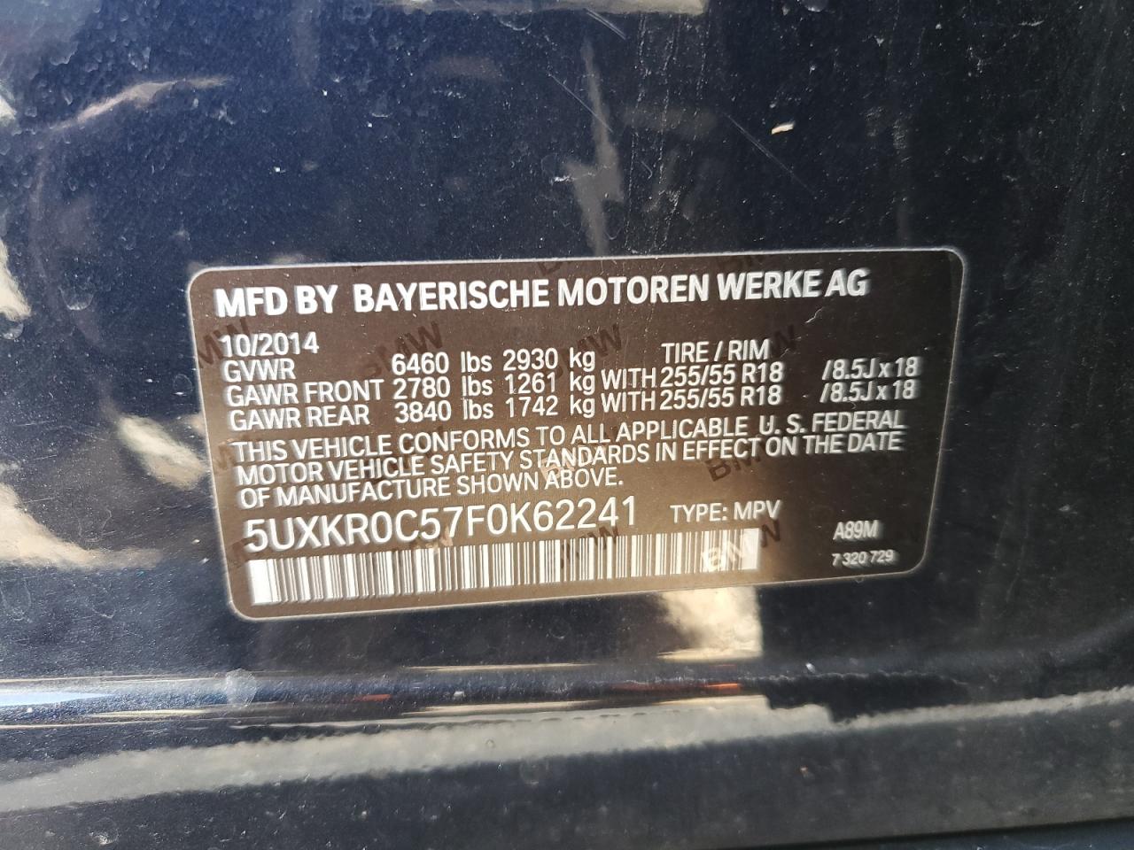 2015 BMW X5 xDrive35I VIN: 5UXKR0C57F0K62241 Lot: 92787315