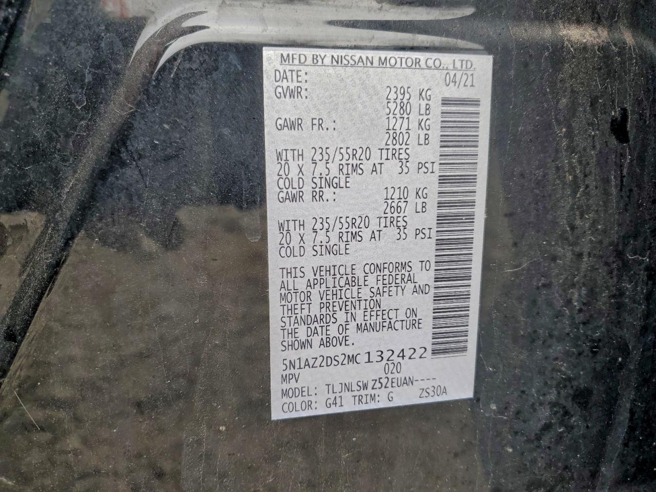 2021 Nissan Murano Platinum VIN: 5N1AZ2DS2MC132422 Lot: 94184695