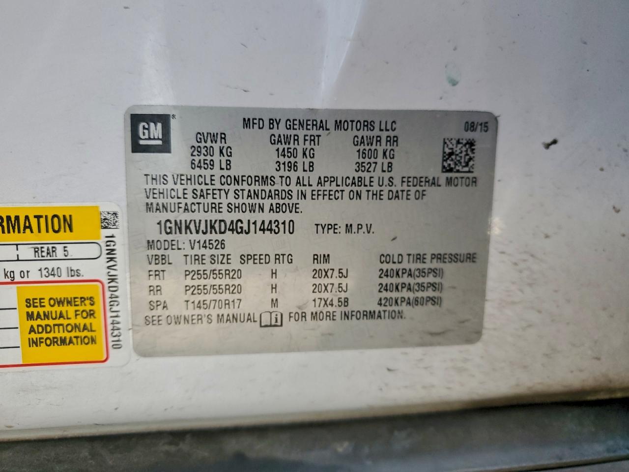 2016 Chevrolet Traverse Ltz VIN: 1GNKVJKD4GJ144310 Lot: 94041595