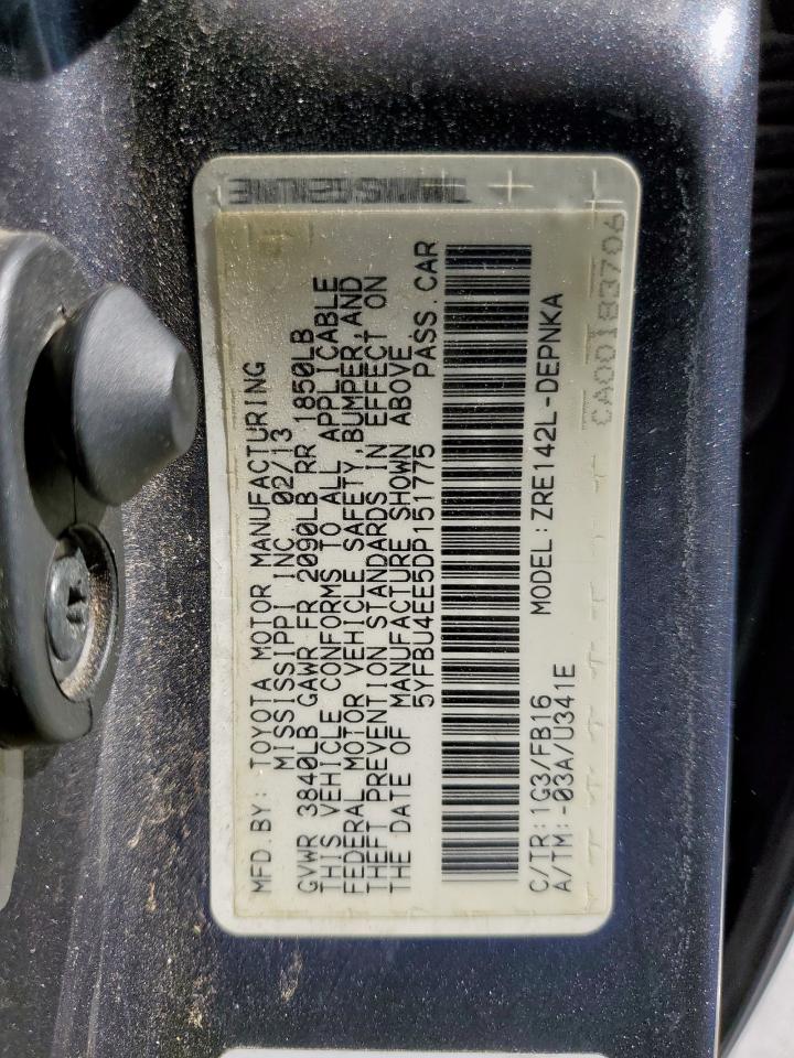 2013 Toyota Corolla Base VIN: 5YFBU4EE5DP151775 Lot: 92015885