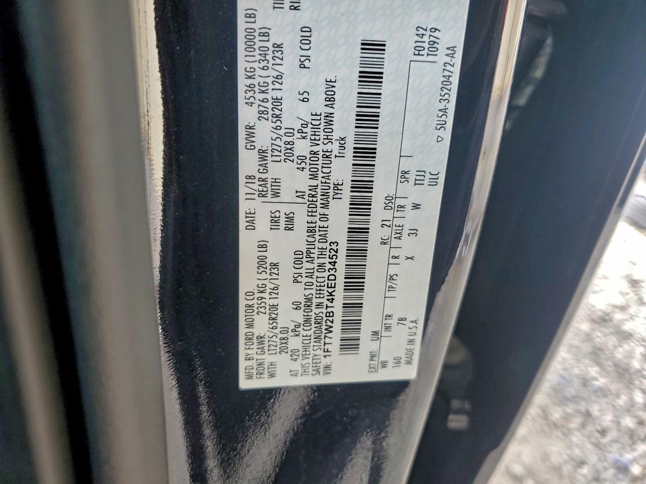 2019 Ford F250 Super Duty VIN: 1FT7W2BT4KED34523 Lot: 93399065