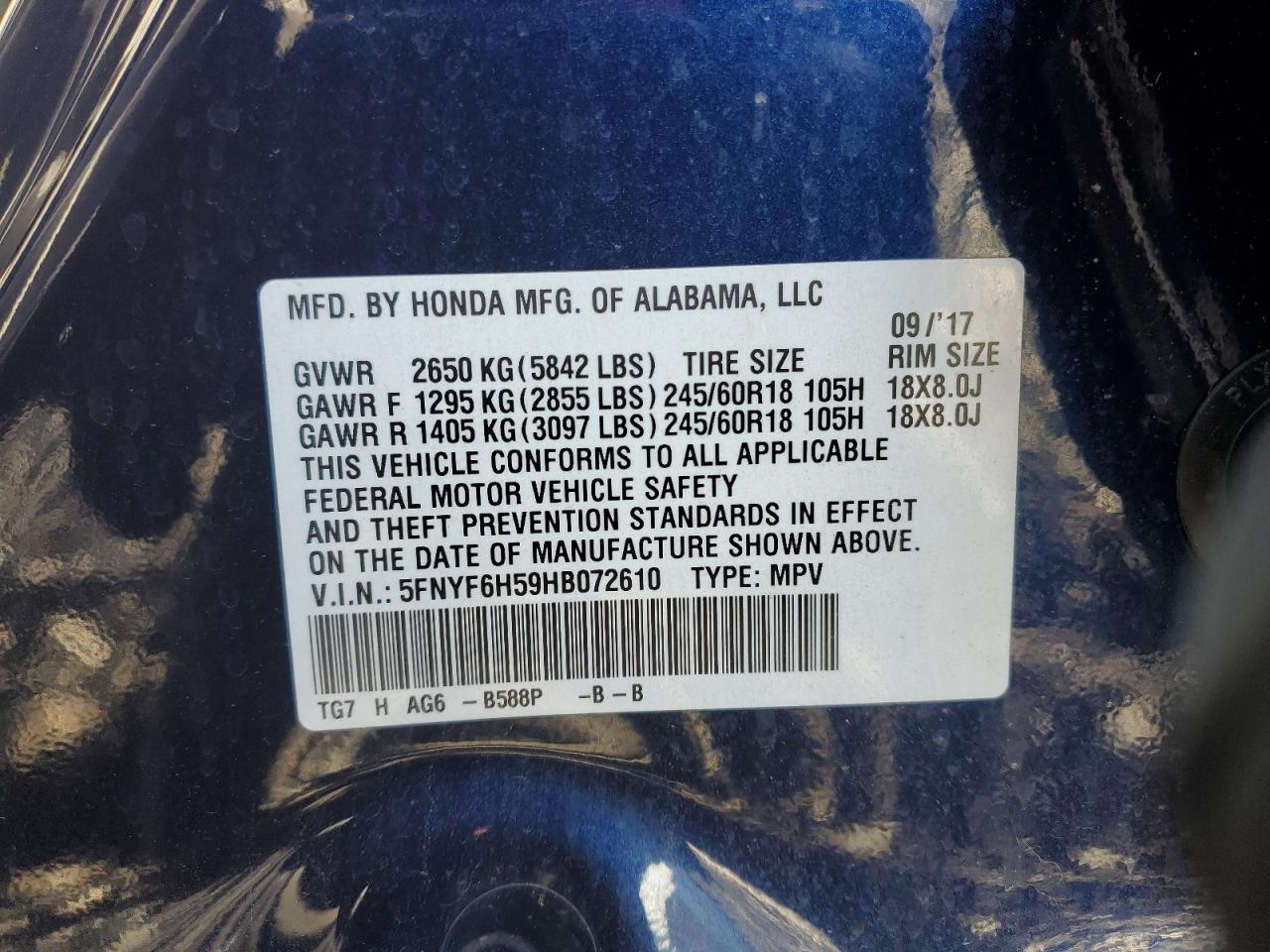 2017 Honda Pilot Exl VIN: 5FNYF6H59HB072610 Lot: 91379565