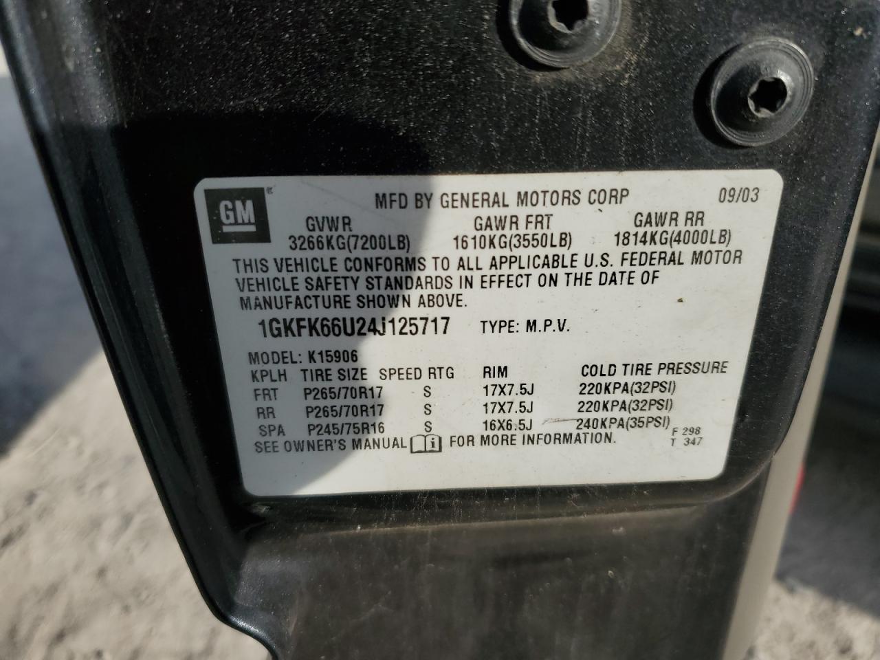 2004 GMC Yukon Xl Denali VIN: 1GKFK66U24J125717 Lot: 91092755