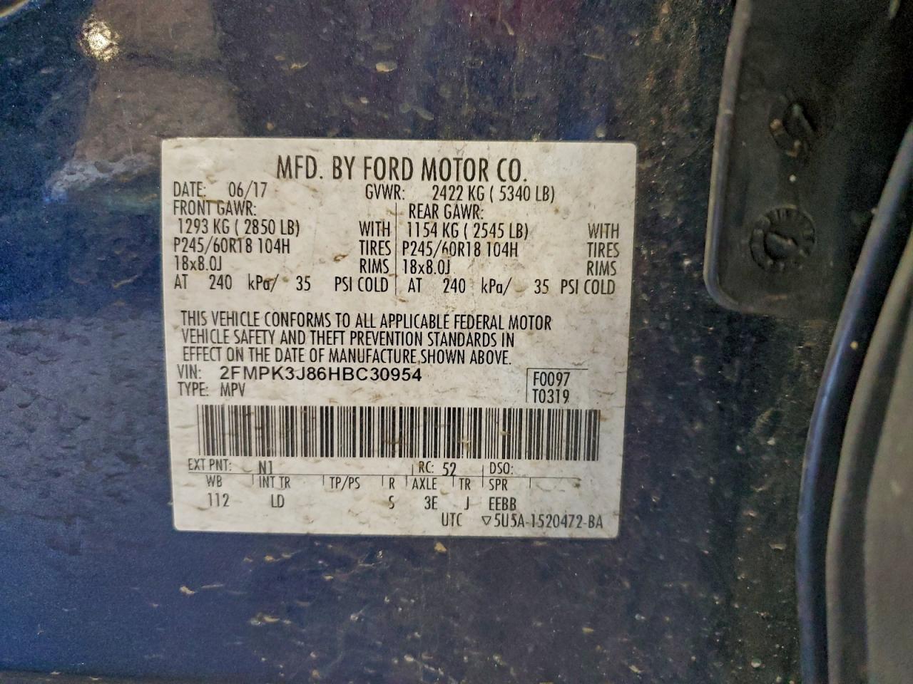 2017 Ford Edge Sel VIN: 2FMPK3J86HBC30954 Lot: 94447275