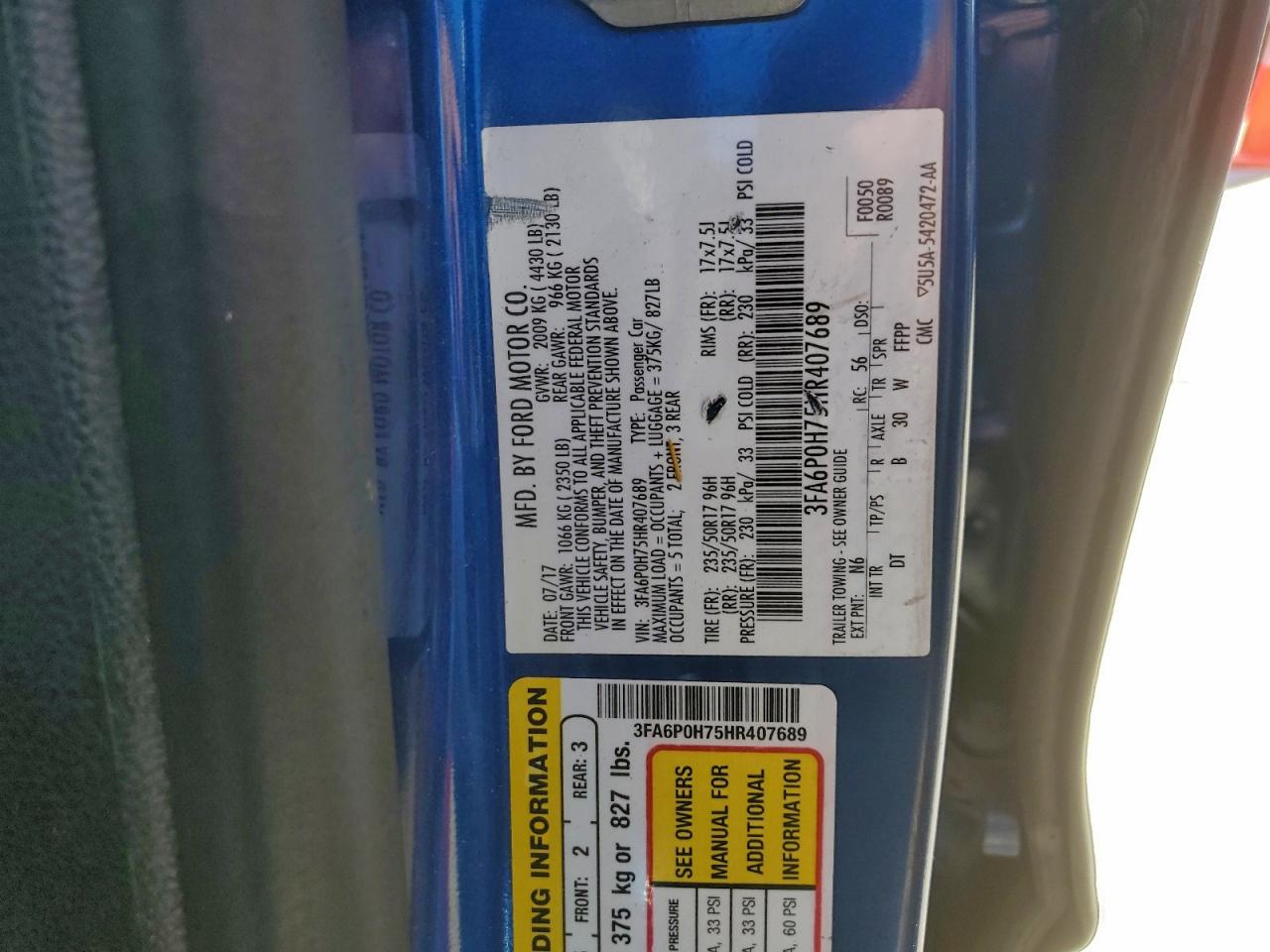 2017 Ford Fusion Se VIN: 3FA6P0H75HR407689 Lot: 91626865