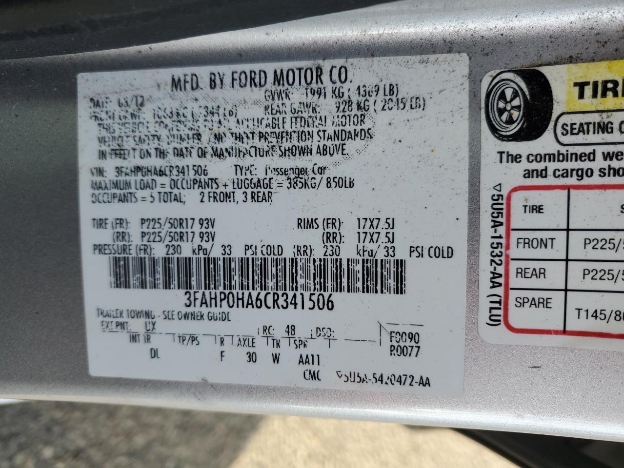 2012 Ford Fusion Se VIN: 3FAHP0HA6CR341506 Lot: 93010985