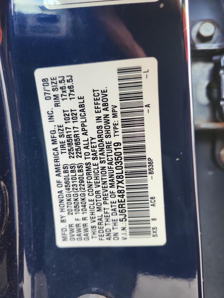 2008 Honda Cr-V Exl VIN: 5J6RE487X8L035019 Lot: 91388615