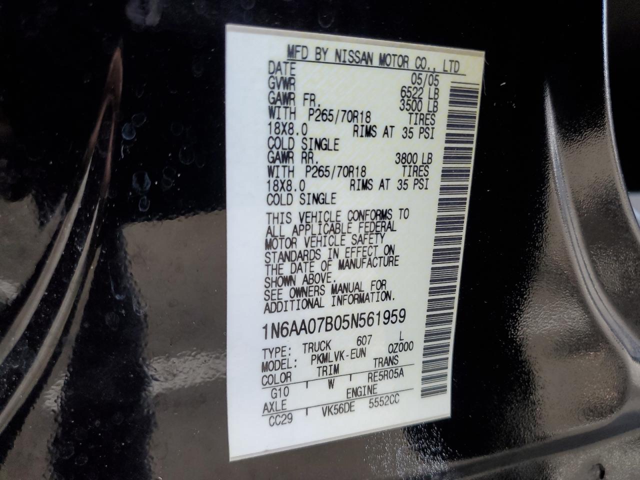 2005 Nissan Titan Xe VIN: 1N6AA07B05N561959 Lot: 93148145