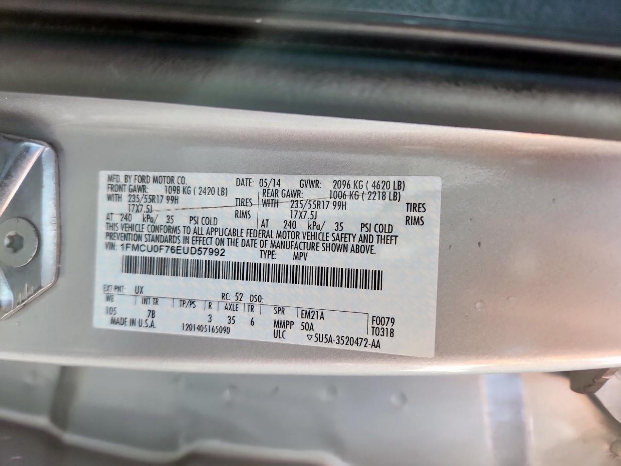 2014 Ford Escape S VIN: 1FMCU0F76EUD57992 Lot: 93498395