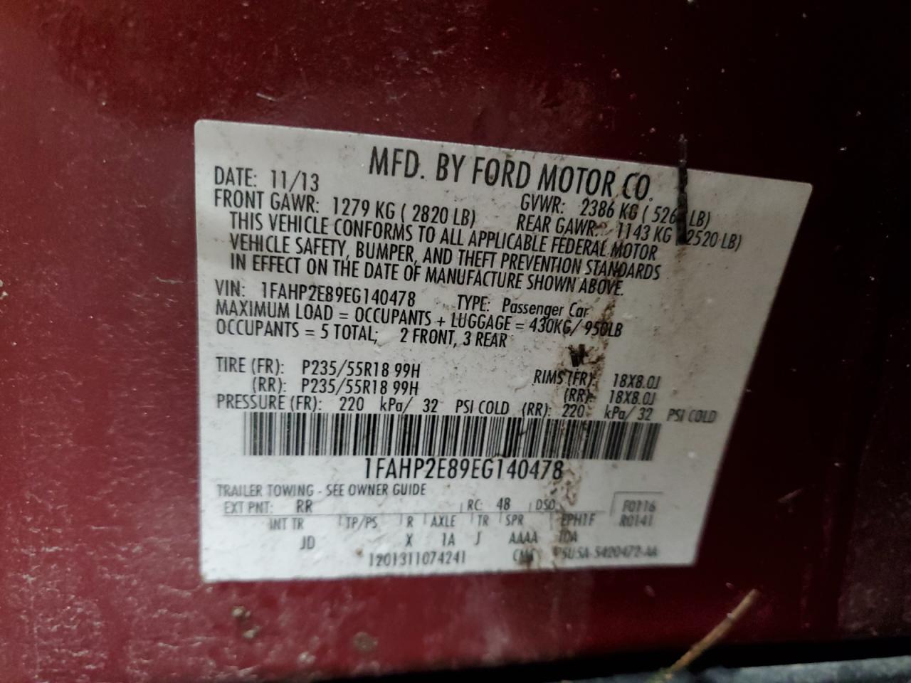 2014 Ford Taurus Sel VIN: 1FAHP2E89EG140478 Lot: 92138975