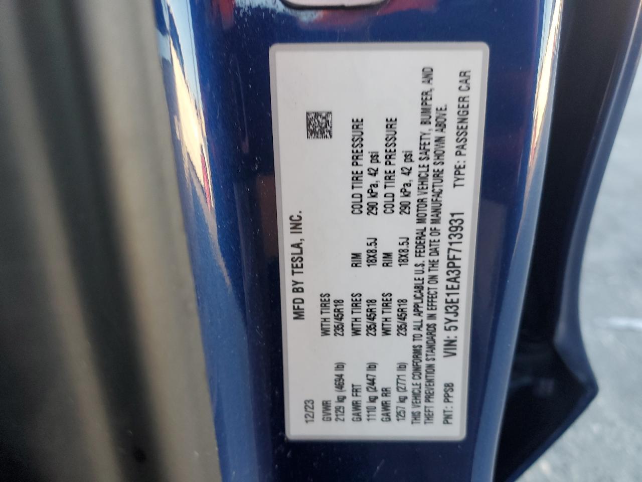 2023 Tesla Model 3 VIN: 5YJ3E1EA3PF713931 Lot: 92755995