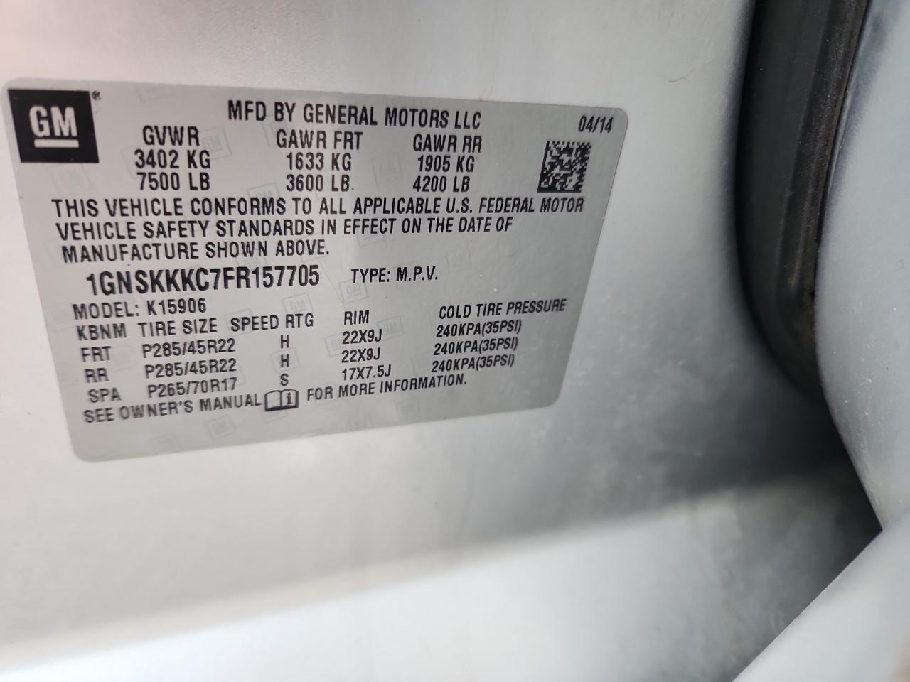 2015 Chevrolet Suburban K1500 Ltz VIN: 1GNSKKKC7FR157705 Lot: 92227875