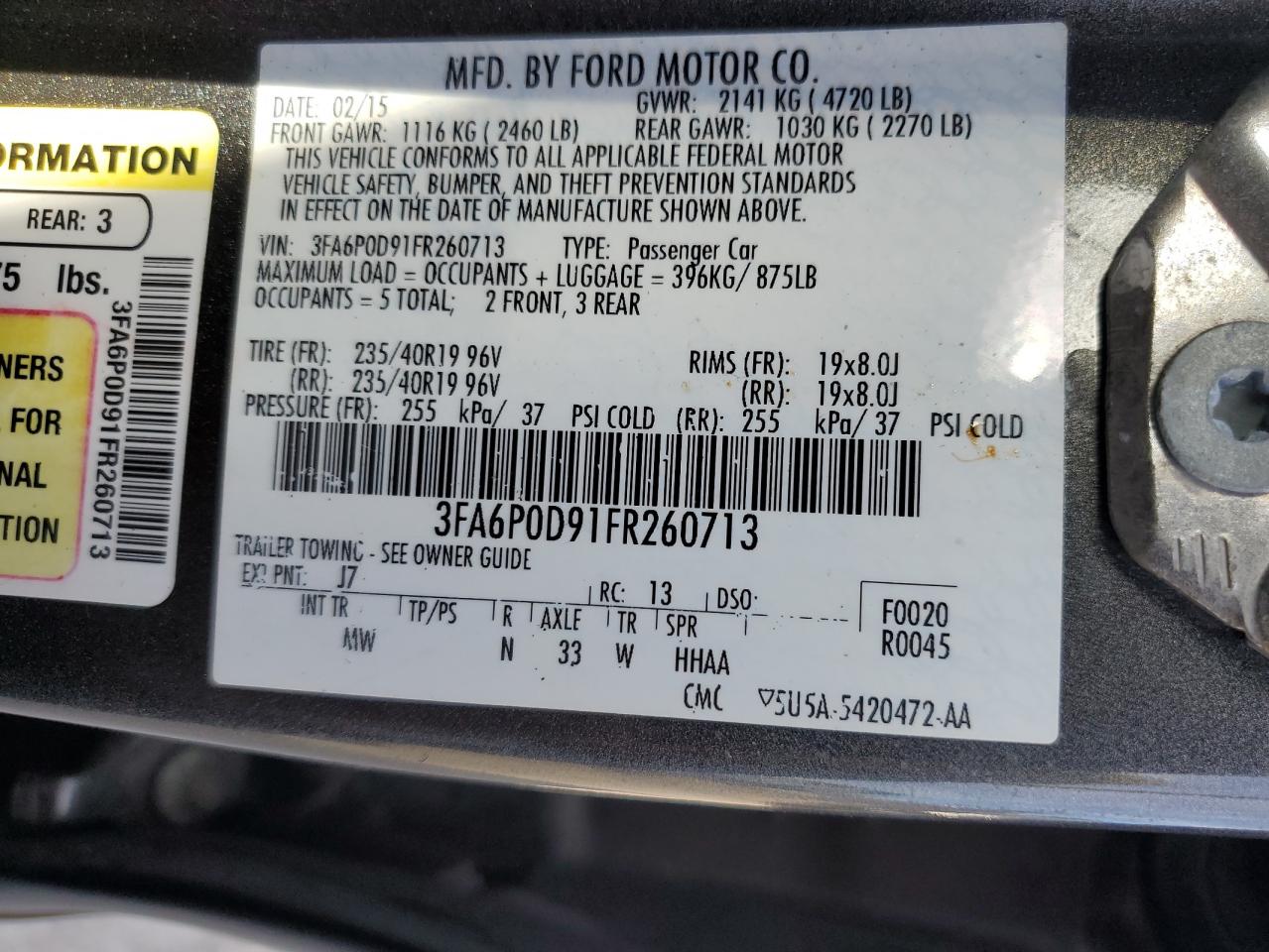 2015 Ford Fusion Titanium VIN: 3FA6P0D91FR260713 Lot: 90731165