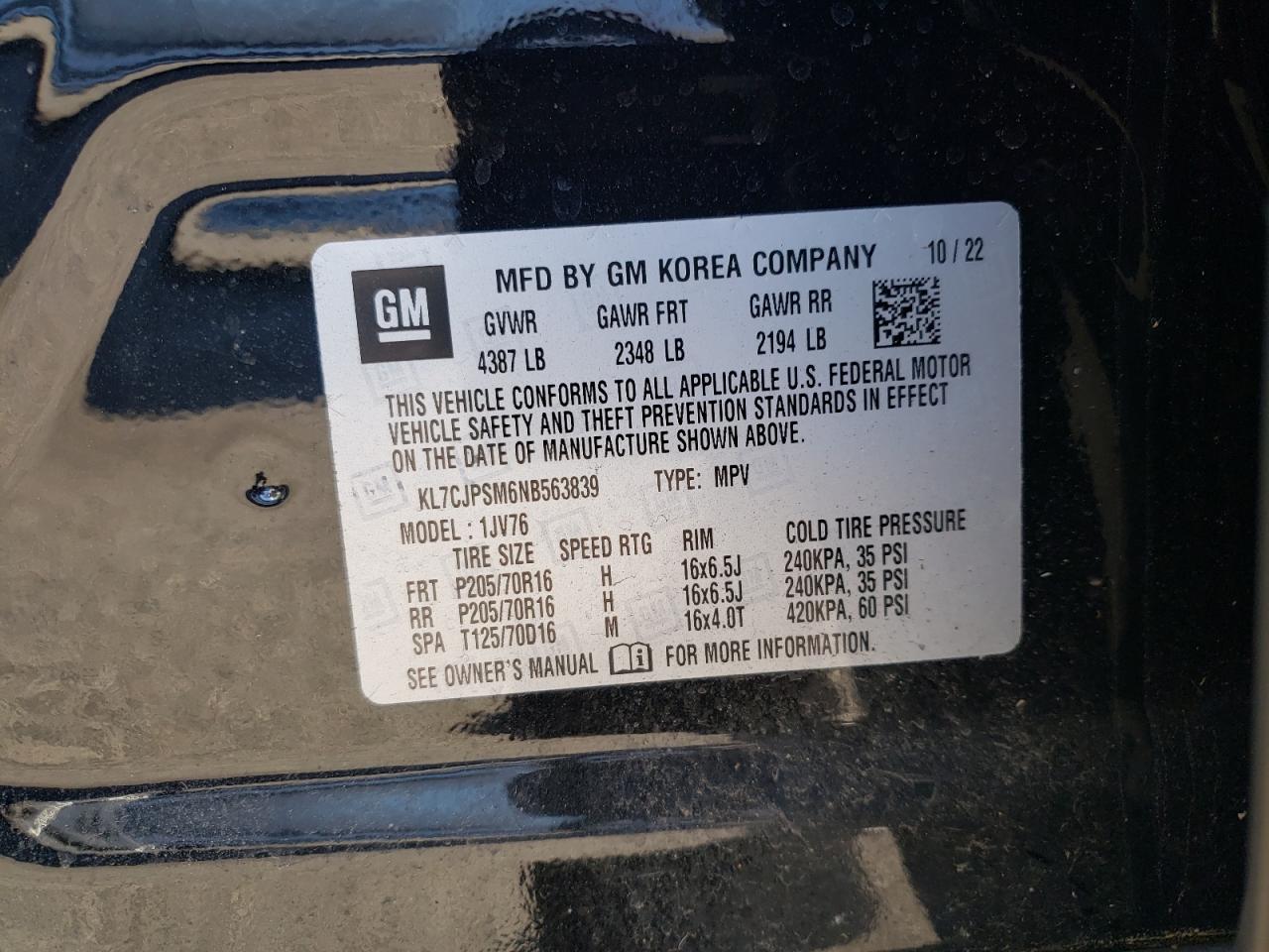 2022 Chevrolet Trax 1Lt VIN: KL7CJPSM6NB563839 Lot: 91116785