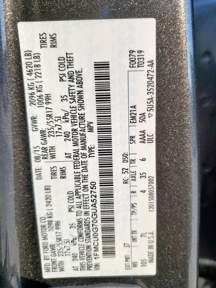 2016 Ford Escape Se VIN: 1FMCU0G70GUA52750 Lot: 93324395