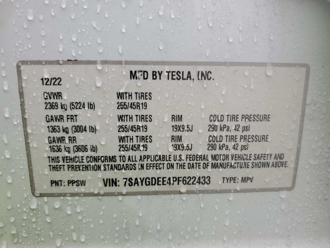 2023 Tesla Model Y VIN: 7SAYGDEE4PF622433 Lot: 91085065