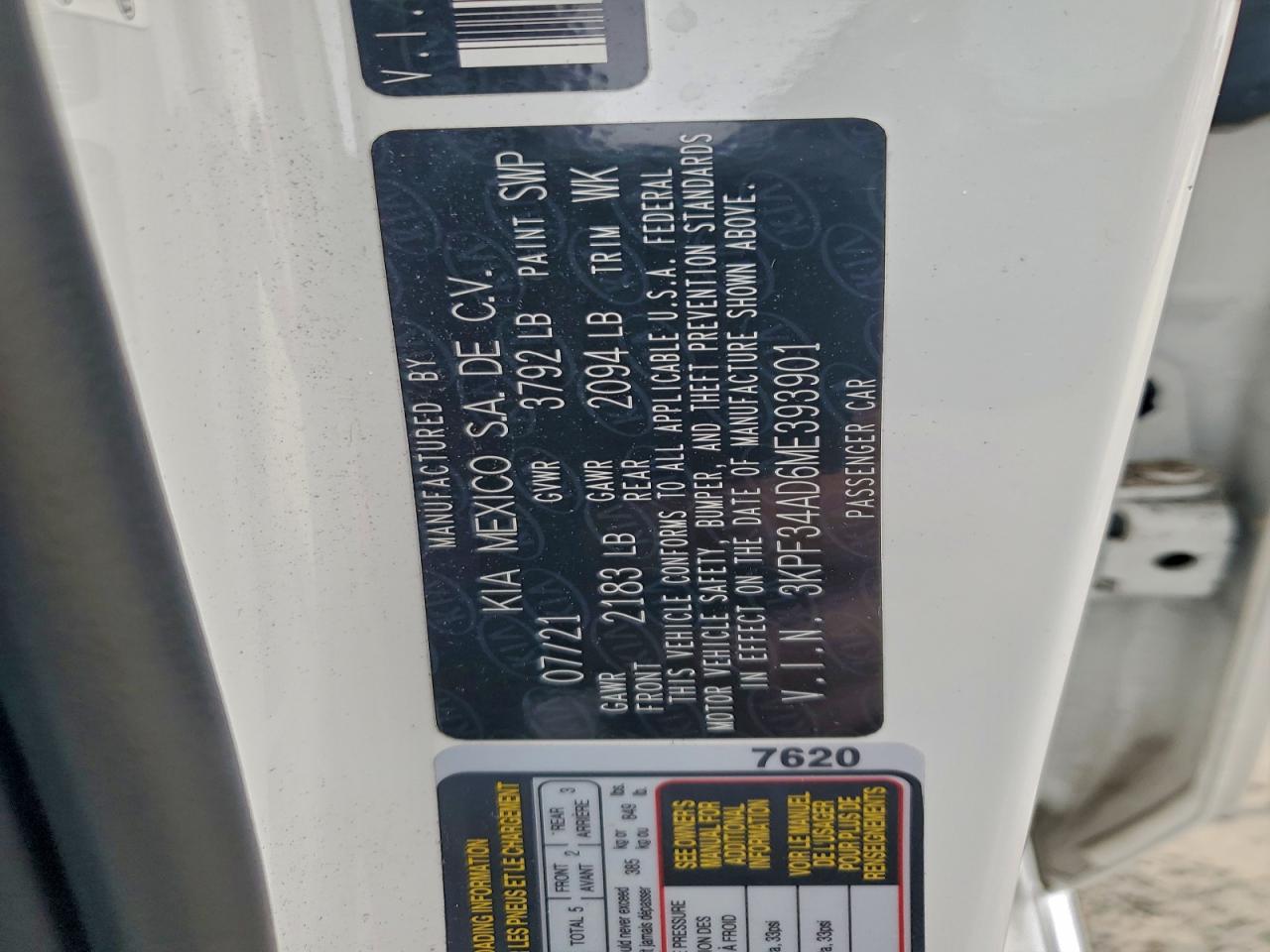 2021 Kia Forte Gt Line VIN: 3KPF34AD6ME393901 Lot: 94121385