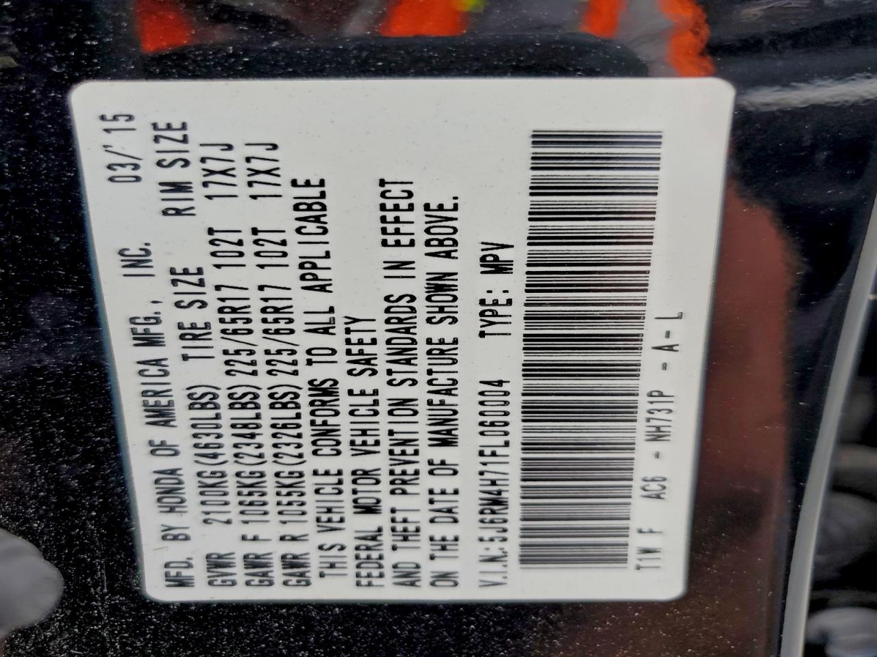 2015 Honda Cr-V Exl VIN: 5J6RM4H71FL060004 Lot: 94049065