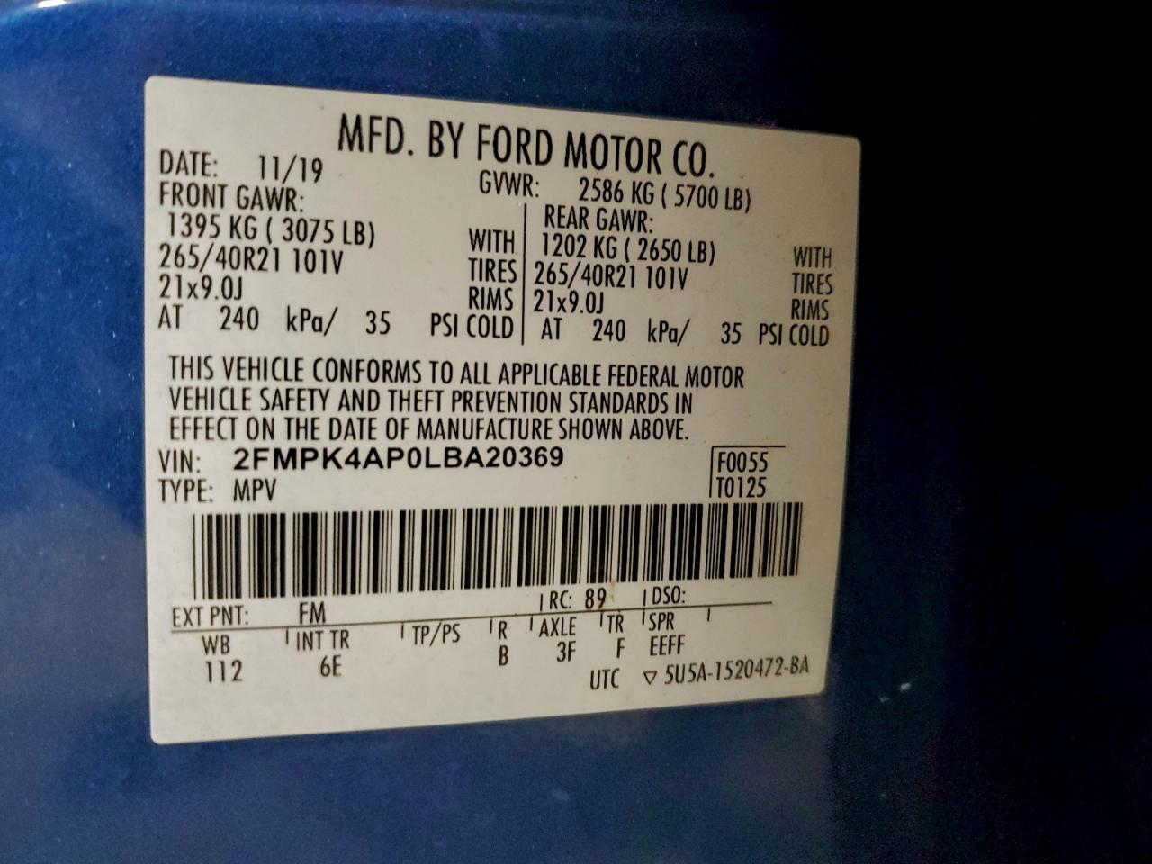 2020 Ford Edge St VIN: 2FMPK4AP0LBA20369 Lot: 93410295