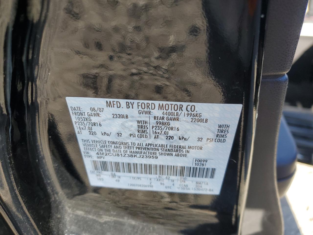 2008 Mercury Mariner VIN: 4M2CU81Z38KJ23959 Lot: 92631885