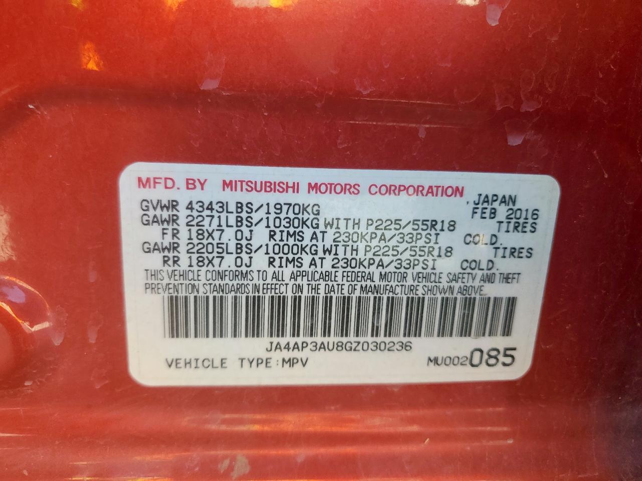 2016 Mitsubishi Outlander Sport Es VIN: JA4AP3AU8GZ030236 Lot: 91724495