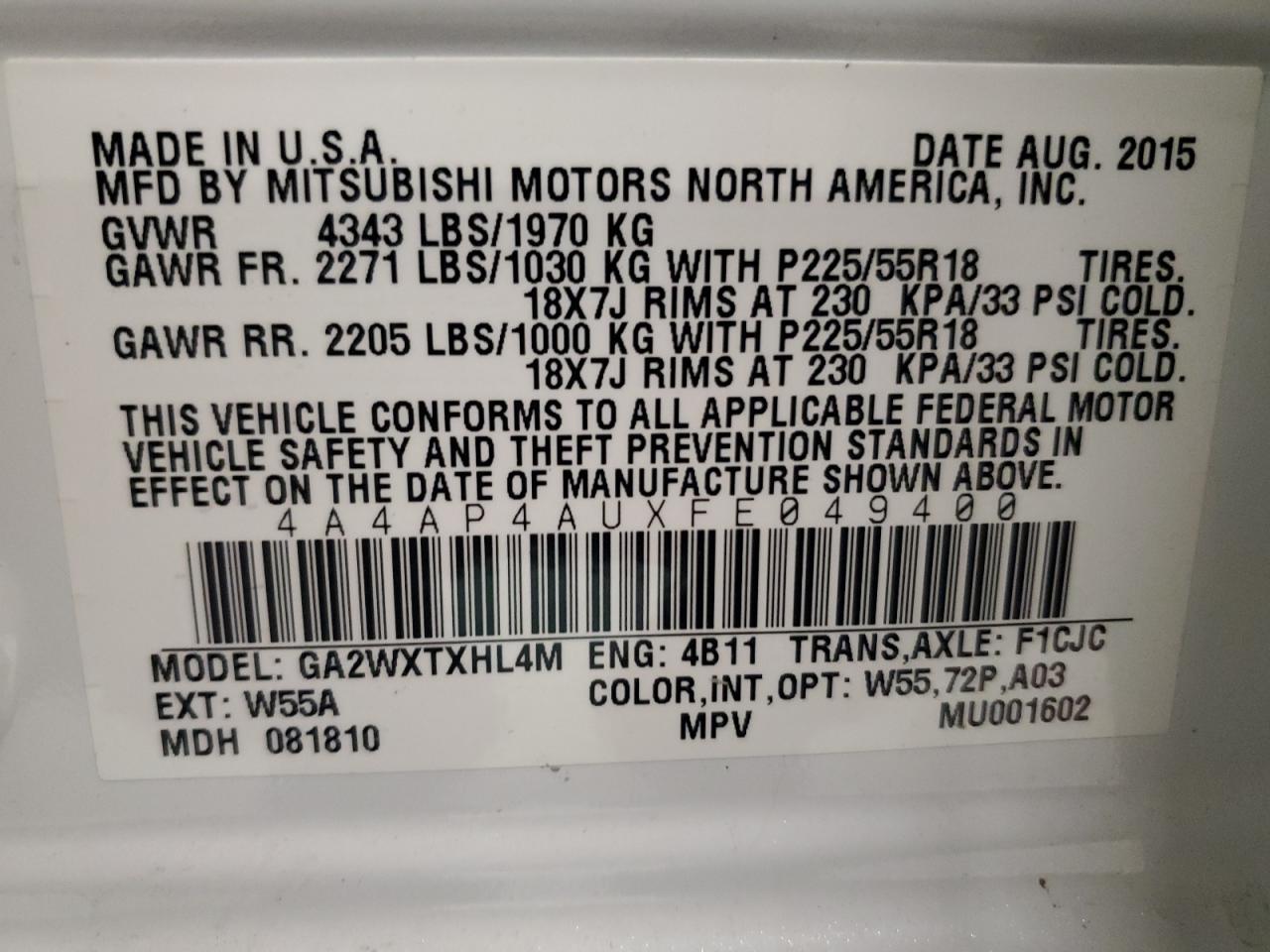 2015 Mitsubishi Outlander Sport Se VIN: 4A4AP4AUXFE049400 Lot: 93014075