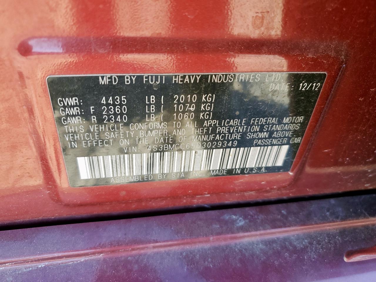 2013 Subaru Legacy 2.5I Premium VIN: 4S3BMCC65D3029349 Lot: 92482265