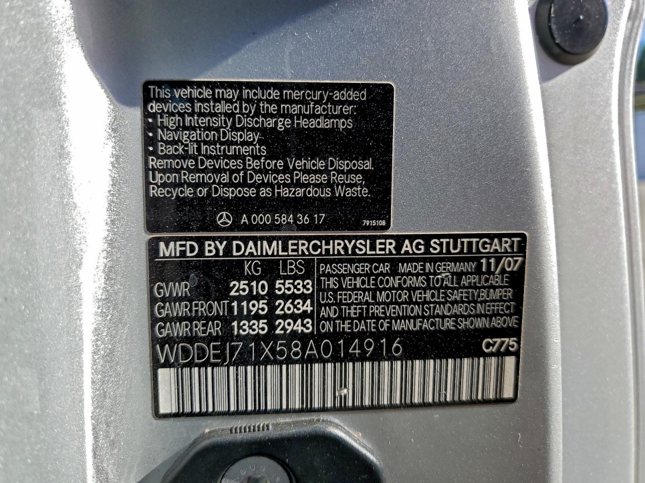 2008 Mercedes-Benz Cl 550 VIN: WDDEJ71X58A014916 Lot: 94533725