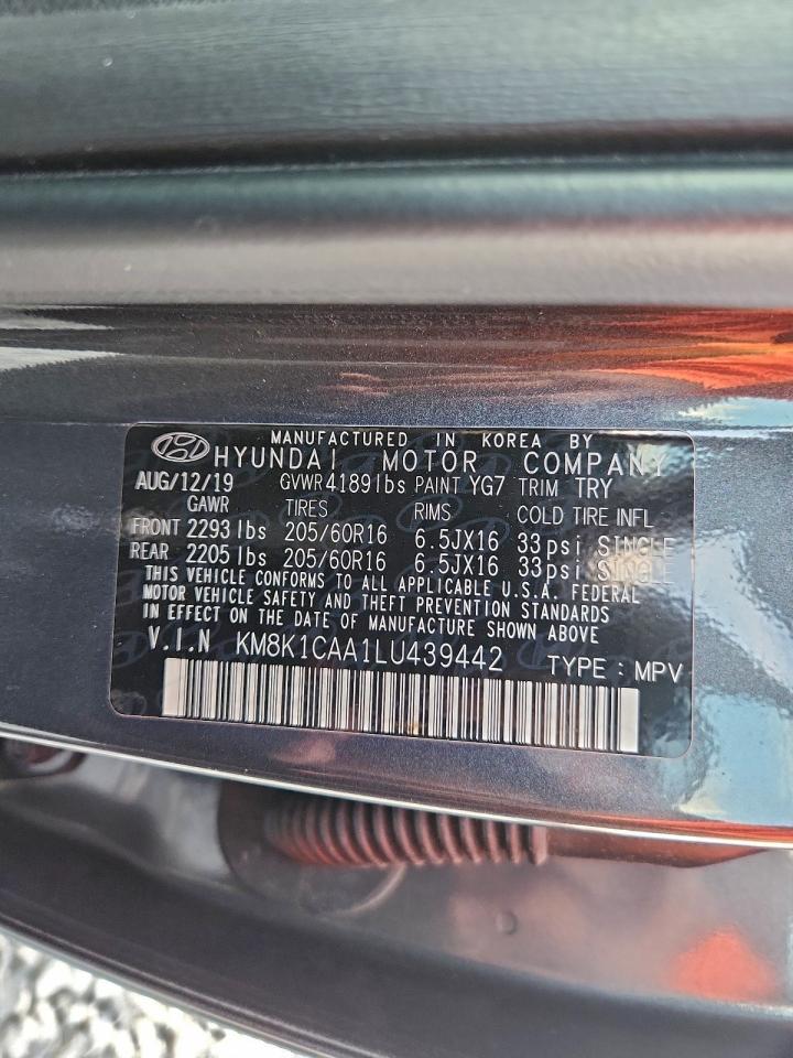 2020 Hyundai Kona Se VIN: KM8K1CAA1LU439442 Lot: 93945185