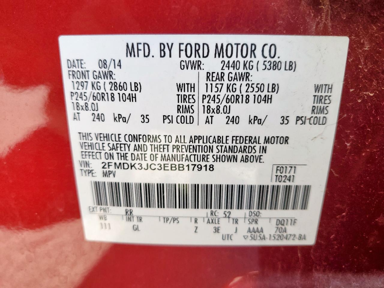 2014 Ford Edge Sel VIN: 2FMDK3JC3EBB17918 Lot: 93143765