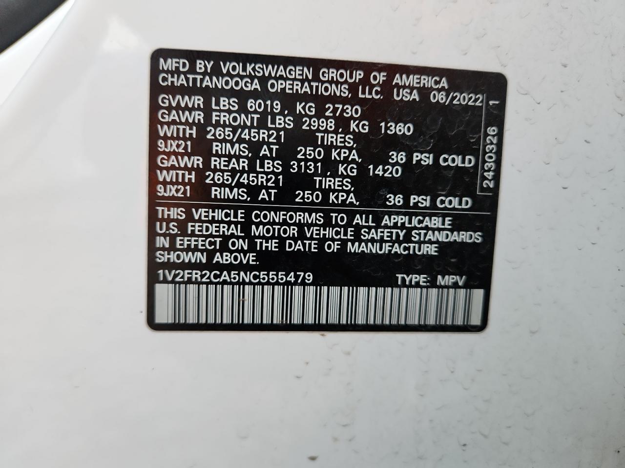 2022 Volkswagen Atlas Sel Premium R-Line VIN: 1V2FR2CA5NC555479 Lot: 93136255