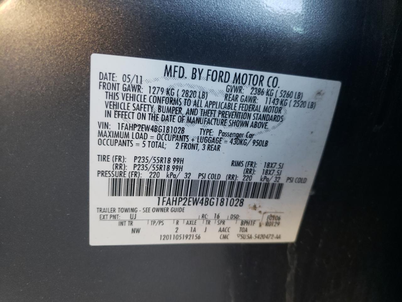 2011 Ford Taurus Sel VIN: 1FAHP2EW4BG181028 Lot: 91259285