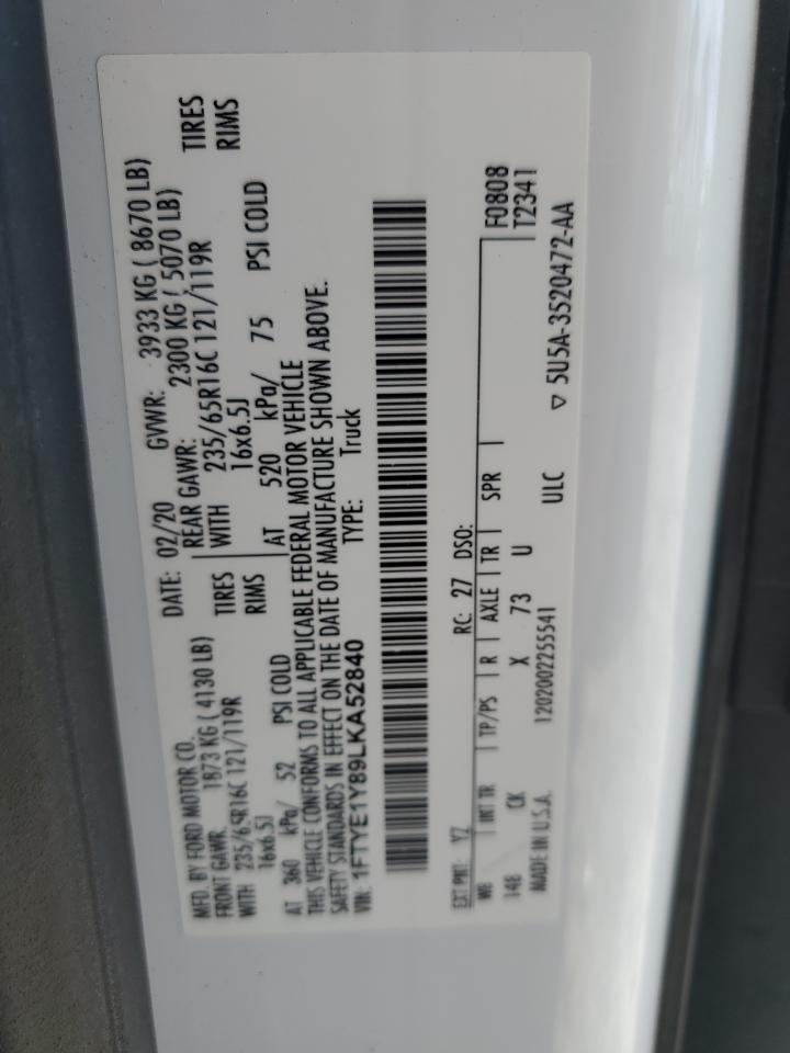 2020 Ford Transit T-150 VIN: 1FTYE1Y89LKA52840 Lot: 92209215