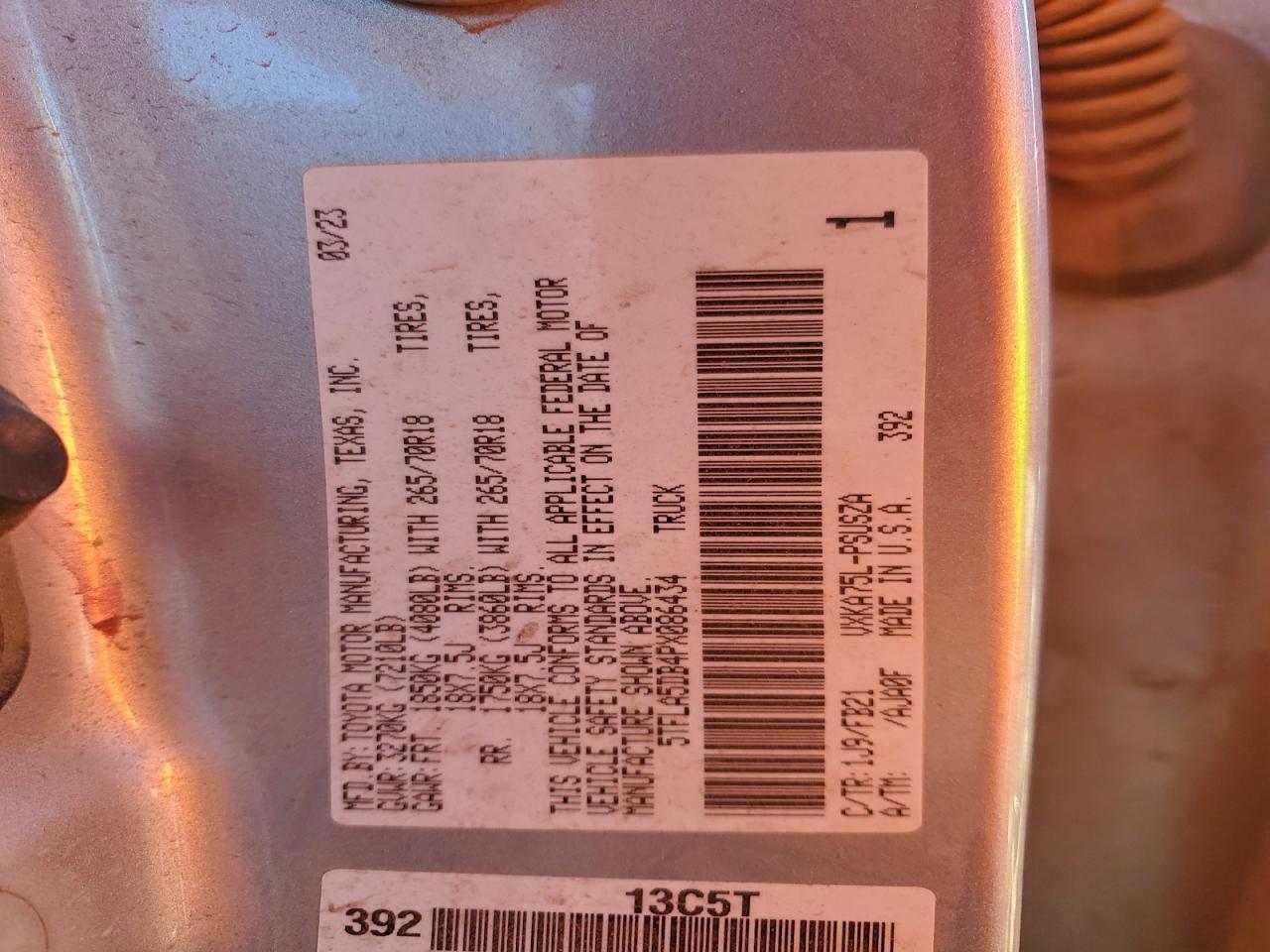 2023 Toyota Tundra Crewmax Sr VIN: 5TFLA5DB4PX086434 Lot: 93627205