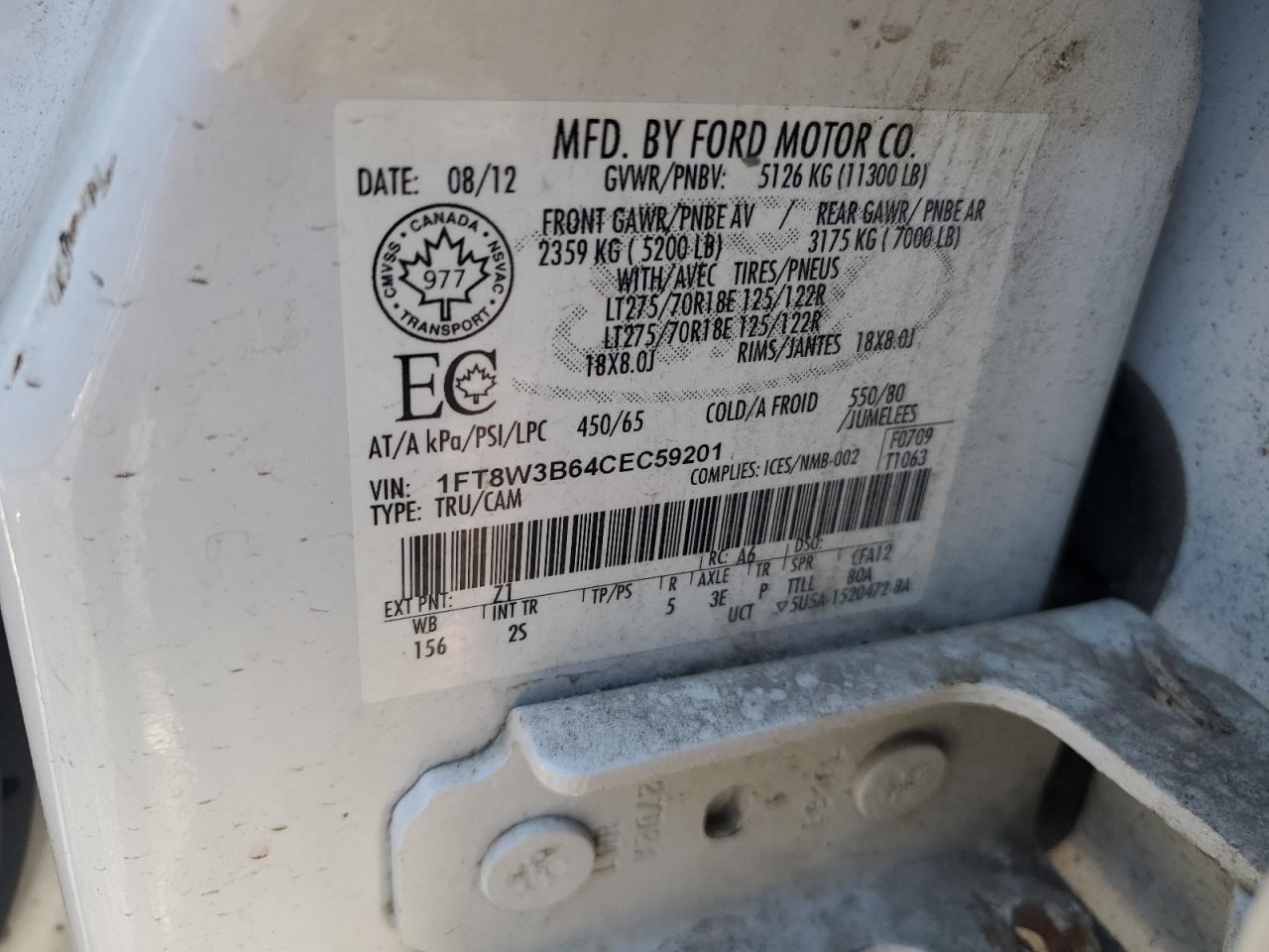 2012 Ford F350 Super Duty VIN: 1FT8W3B64CEC59201 Lot: 93720495