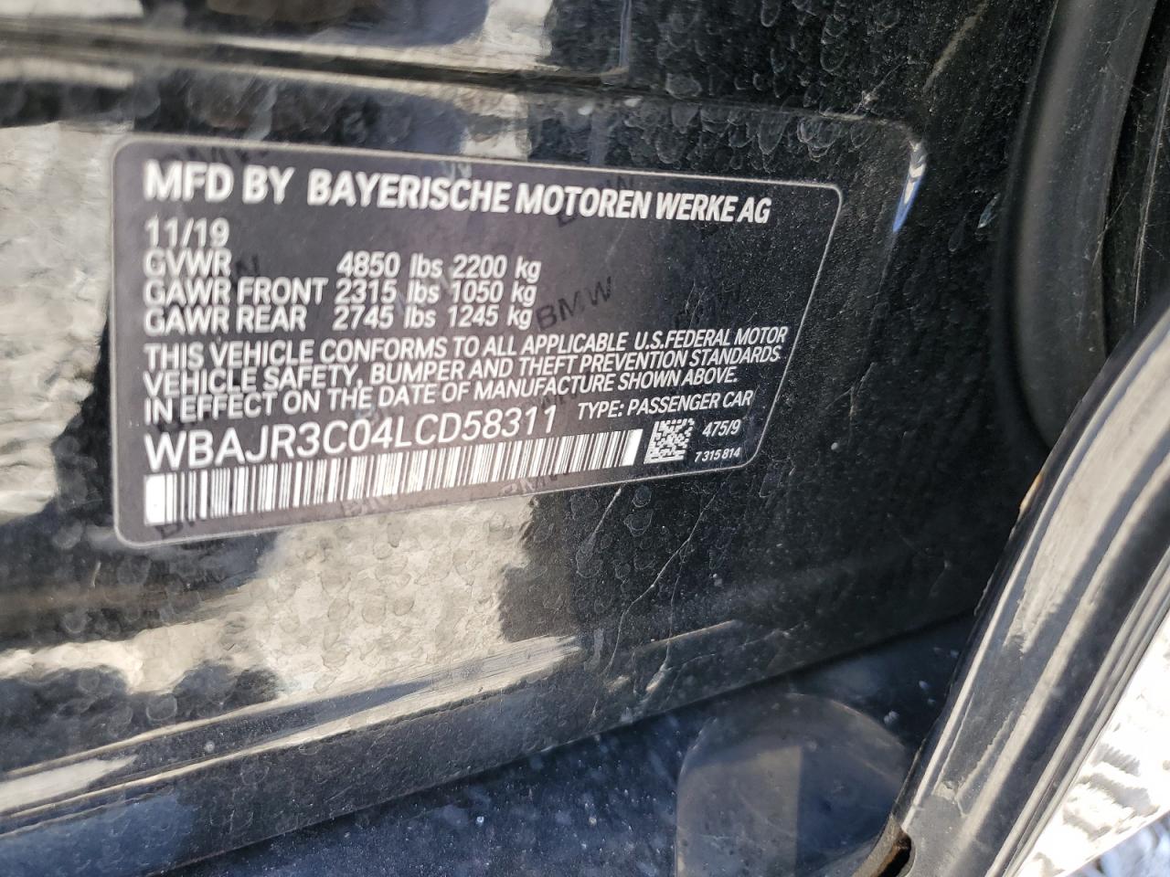 2020 BMW 530 I VIN: WBAJR3C04LCD58311 Lot: 92404905