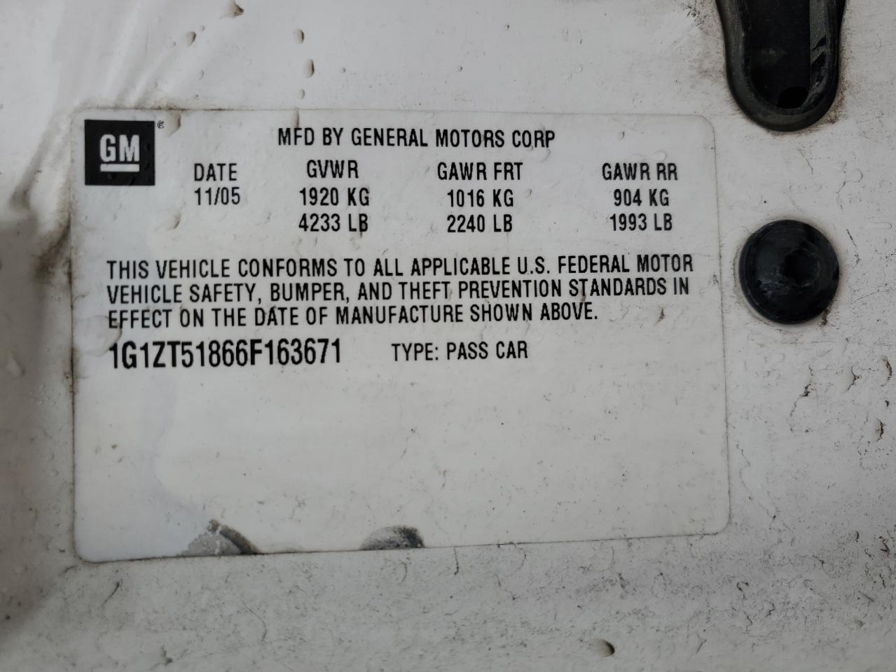 2006 Chevrolet Malibu Lt VIN: 1G1ZT51866F163671 Lot: 93636875