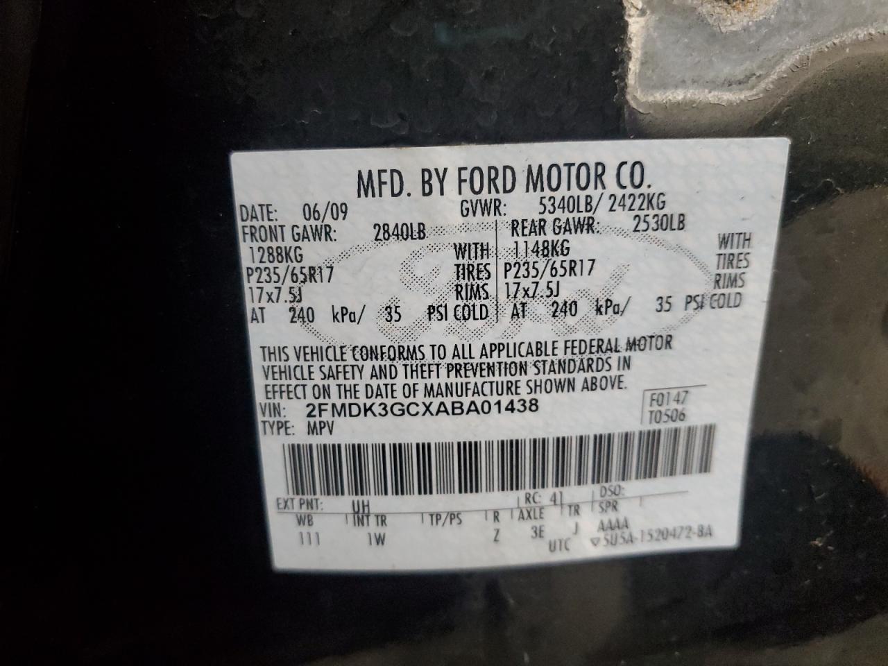 2010 Ford Edge Se VIN: 2FMDK3GCXABA01438 Lot: 93320255