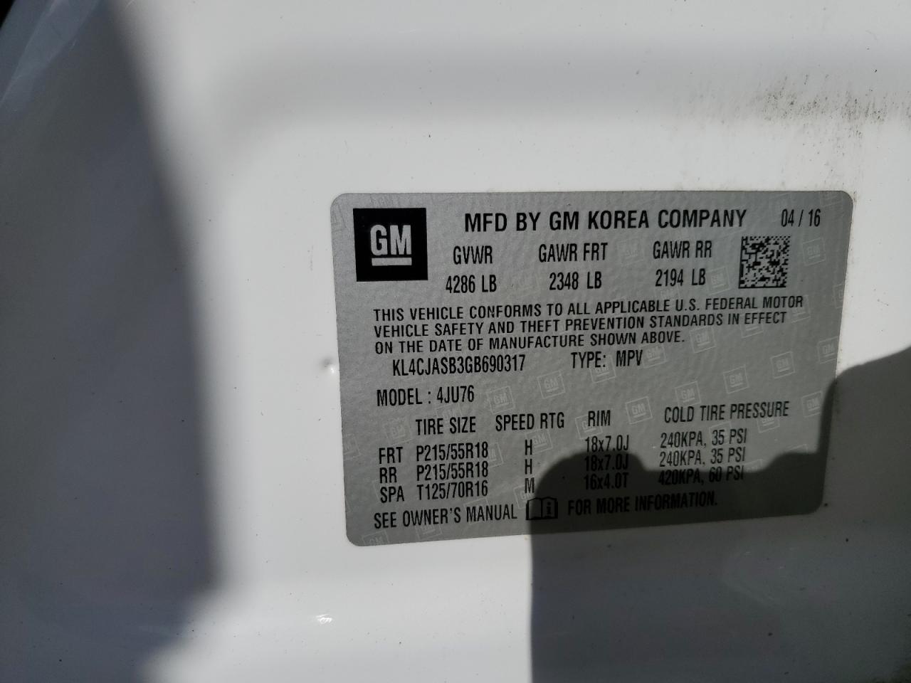 2016 Buick Encore VIN: KL4CJASB3GB690317 Lot: 93266955