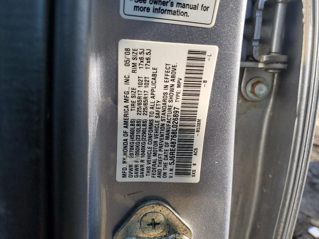 2008 Honda Cr-V Exl VIN: 5J6RE48768L026897 Lot: 92645235