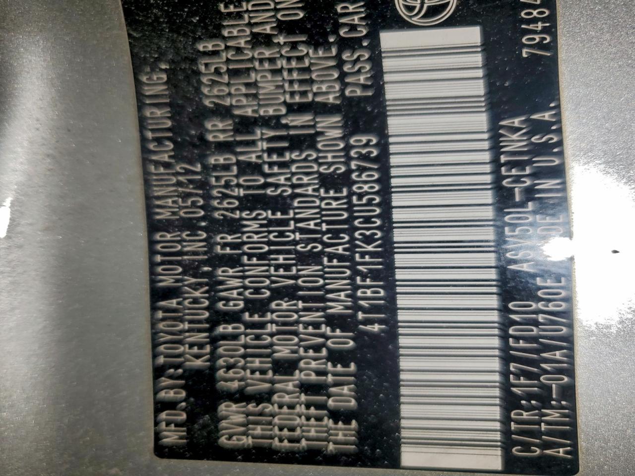 2012 Toyota Camry Base VIN: U58739 Lot: 95112935