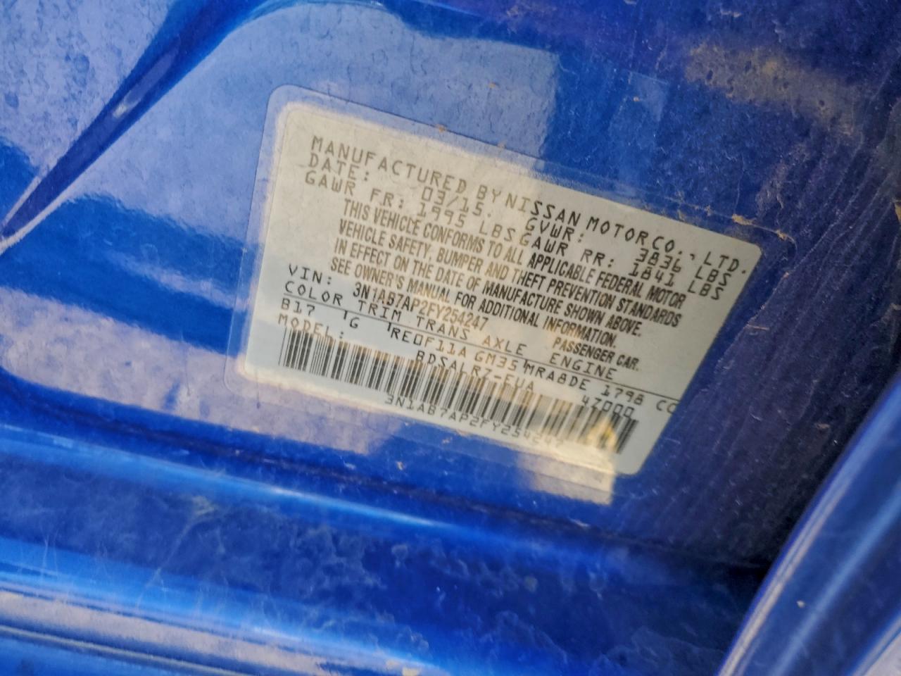 2015 Nissan Sentra S VIN: 3N1AB7AP2FY254247 Lot: 94323635