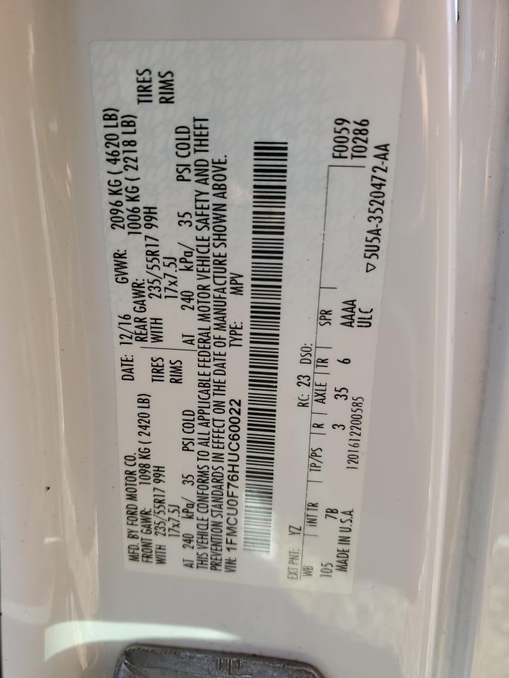 2017 Ford Escape S VIN: 1FMCU0F76HUC60022 Lot: 91129065